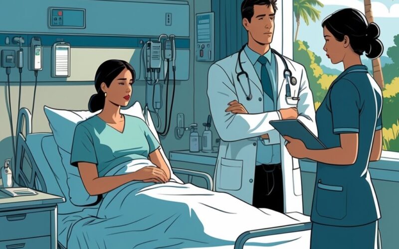 A patient sitting on a hospital bed with a doctor and nurse nearby in a hospital room, showing a serious and concerned atmosphere.