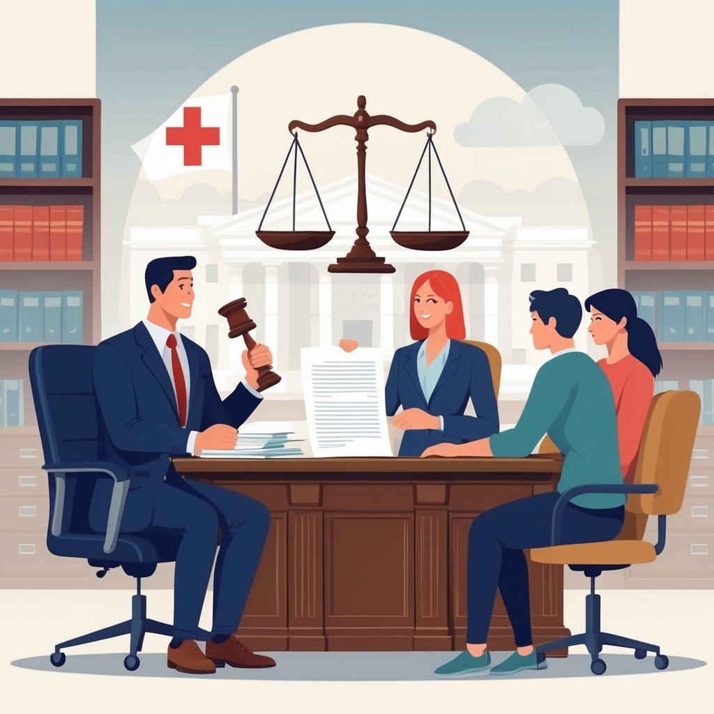 A lawyer discussing medical negligence claims with a patient and their family in an office, with a scale of justice and a hospital outline in the background.