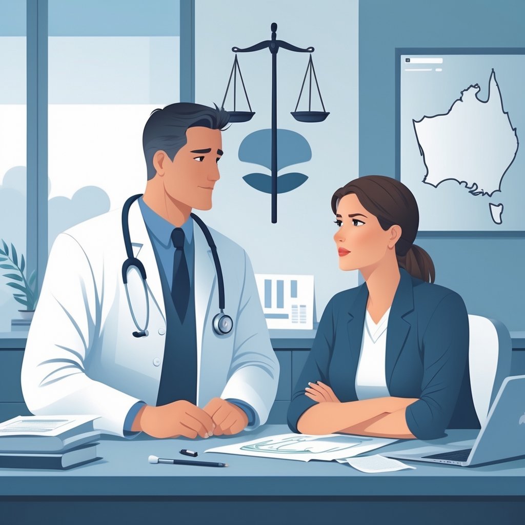A doctor and patient having a serious discussion in a medical office with symbols of justice and a Queensland map in the background.