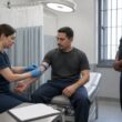 A detainee receives medical care from a healthcare professional while a law-enforcement officer observes in a clinic.