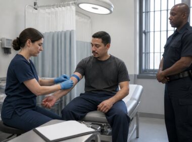 A detainee receives medical care from a healthcare professional while a law-enforcement officer observes in a clinic.