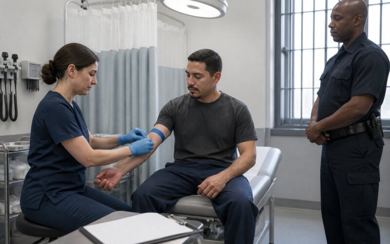 A detainee receives medical care from a healthcare professional while a law-enforcement officer observes in a clinic.
