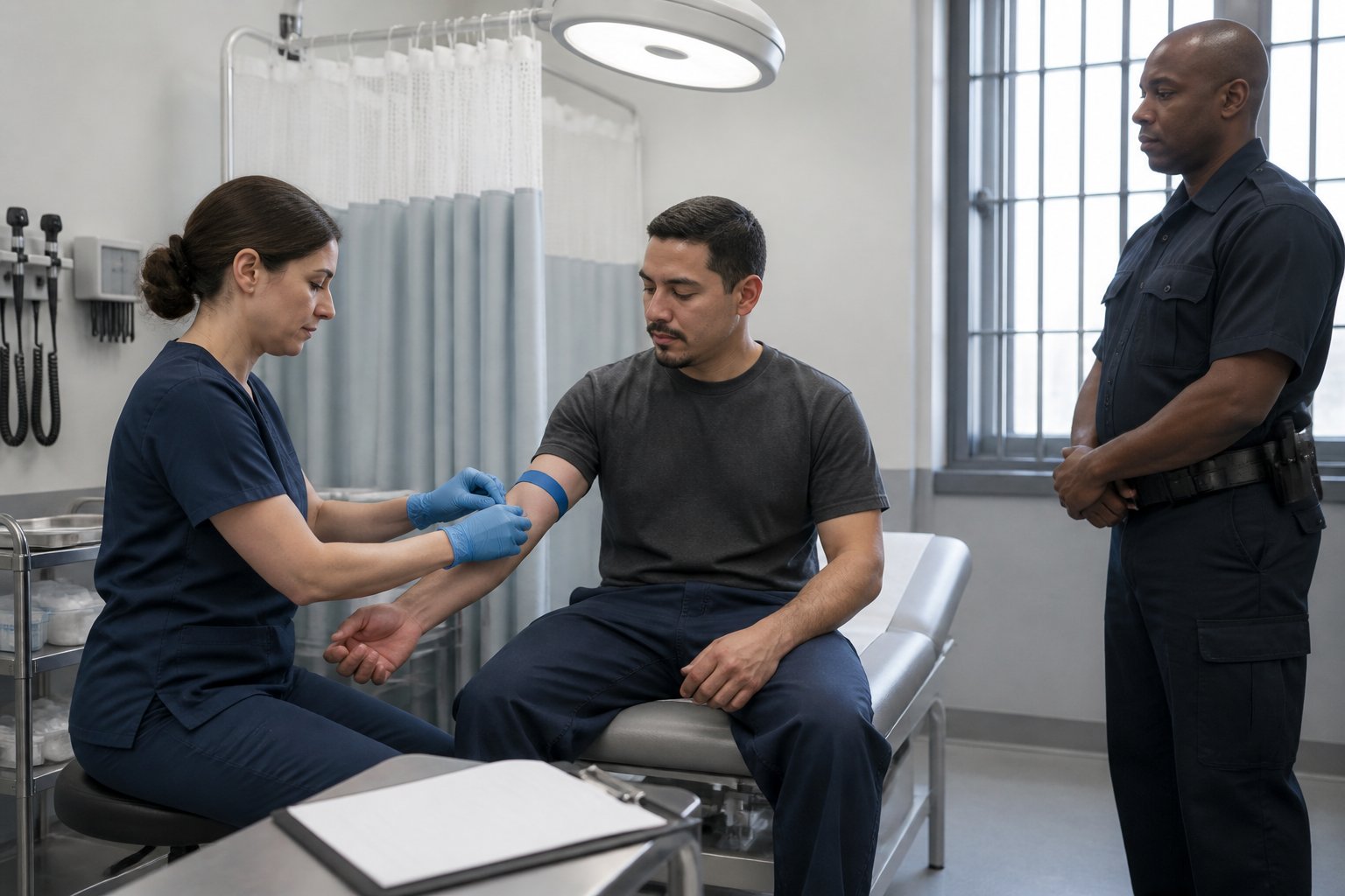 A detainee receives medical care from a healthcare professional while a law-enforcement officer observes in a clinic.