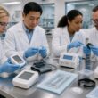 Regulatory professionals inspect medical devices in a modern laboratory.