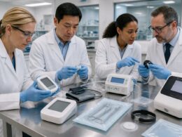 Regulatory professionals inspect medical devices in a modern laboratory.