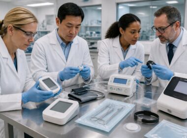 Regulatory professionals inspect medical devices in a modern laboratory.