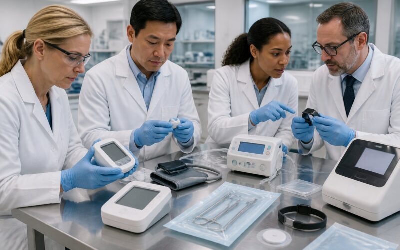 Regulatory professionals inspect medical devices in a modern laboratory.