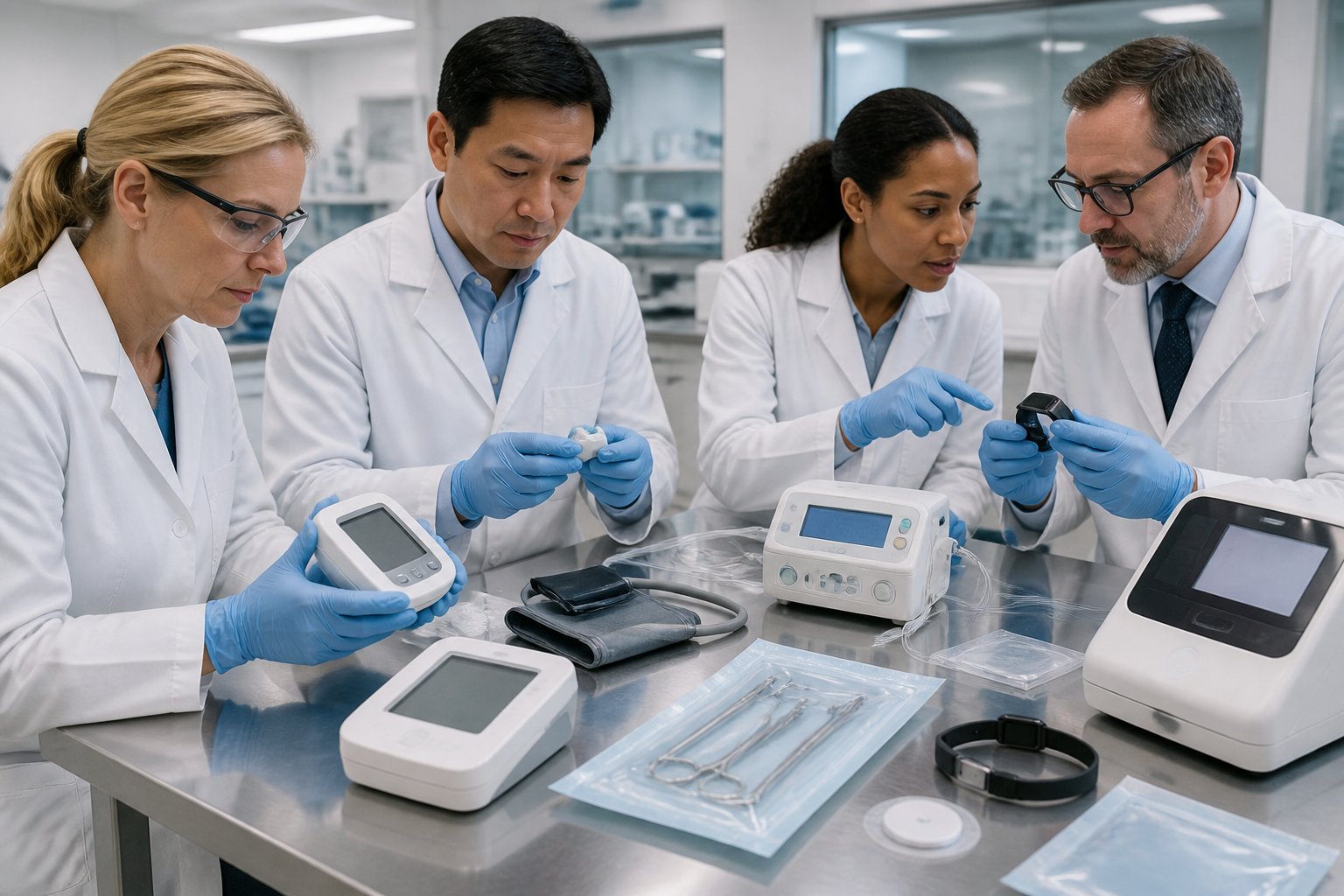 Regulatory professionals inspect medical devices in a modern laboratory.