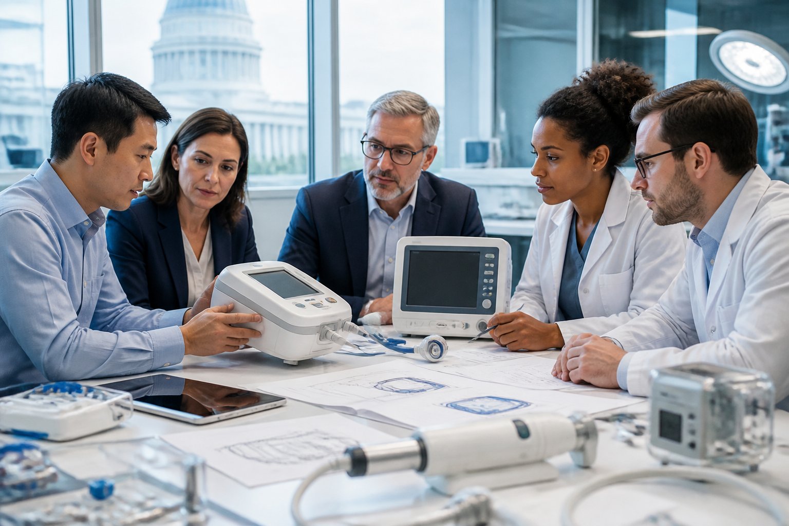 Regulatory specialists and healthcare professionals review a medical device prototype and compliance materials in a modern workspace.