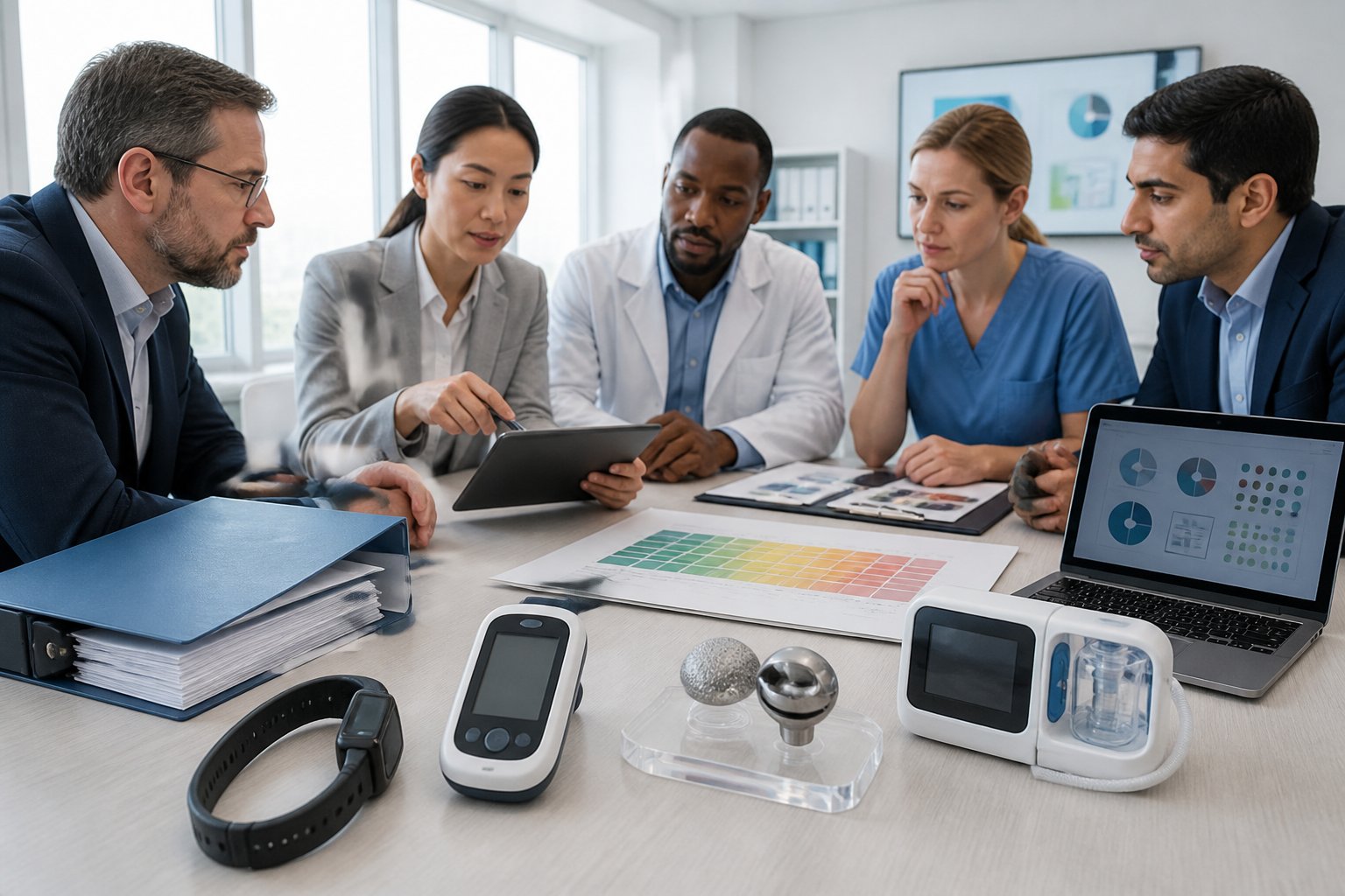 Regulatory professionals and clinicians assess several medical devices and risk categories in a healthcare office.