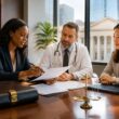 A healthcare attorney and medical professional discuss documents in a modern law office.
