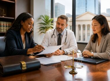 A healthcare attorney and medical professional discuss documents in a modern law office.