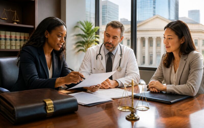A healthcare attorney and medical professional discuss documents in a modern law office.