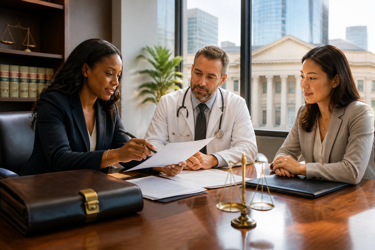 A healthcare attorney and medical professional discuss documents in a modern law office.
