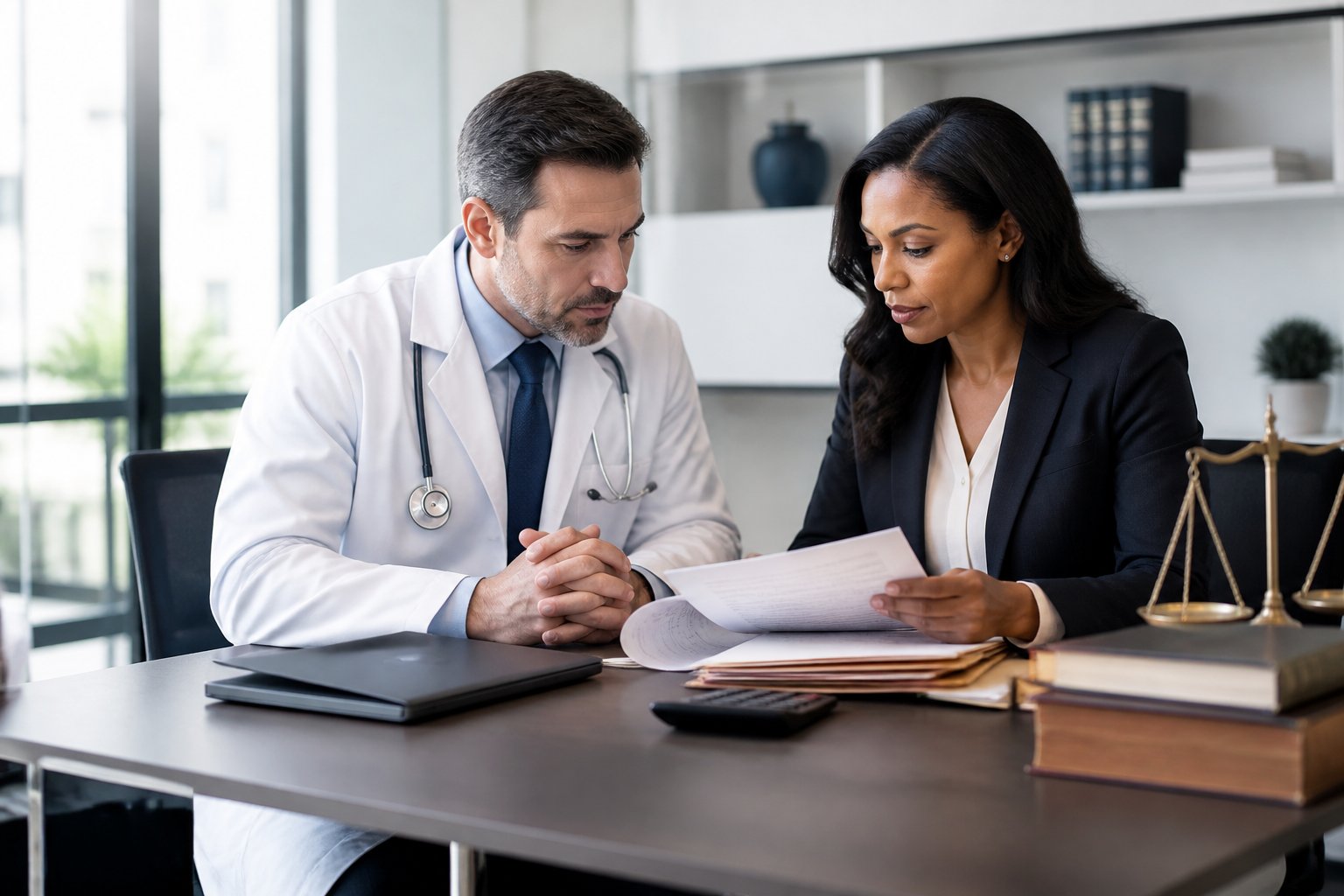 A medical legal professional and a physician review documents together in a modern office.