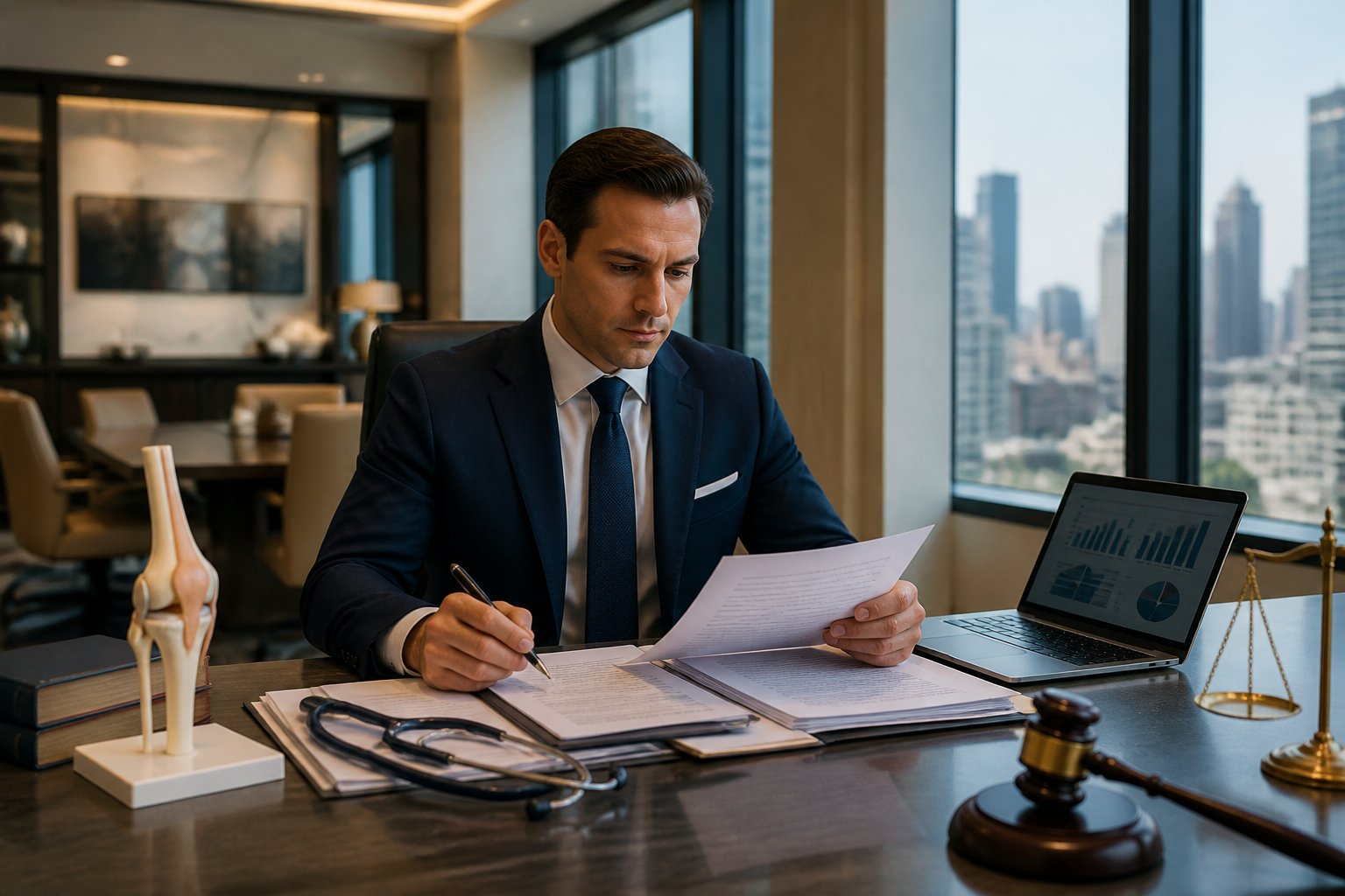 A medical lawyer reviews a case file at a desk in a modern professional office with healthcare-related objects nearby.