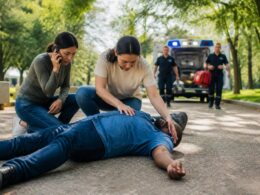 A bystander gives first aid to a collapsed person while someone calls emergency services and paramedics arrive.
