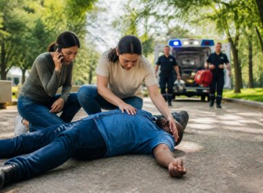 A bystander gives first aid to a collapsed person while someone calls emergency services and paramedics arrive.