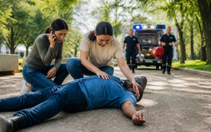 A bystander gives first aid to a collapsed person while someone calls emergency services and paramedics arrive.