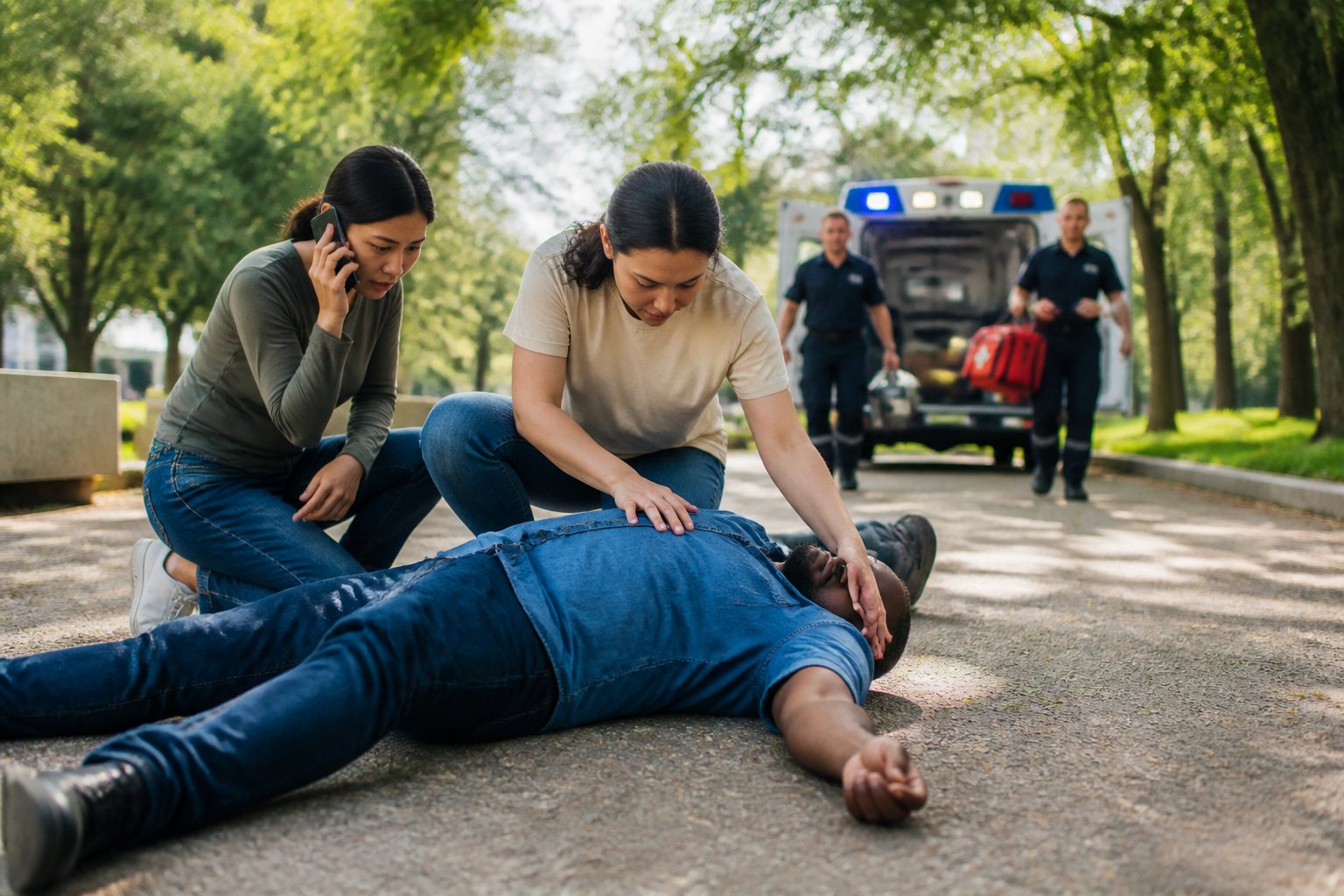 A bystander gives first aid to a collapsed person while someone calls emergency services and paramedics arrive.