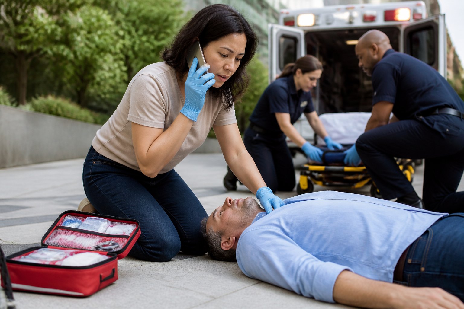 A bystander gives first aid to an injured person while emergency medical responders arrive.