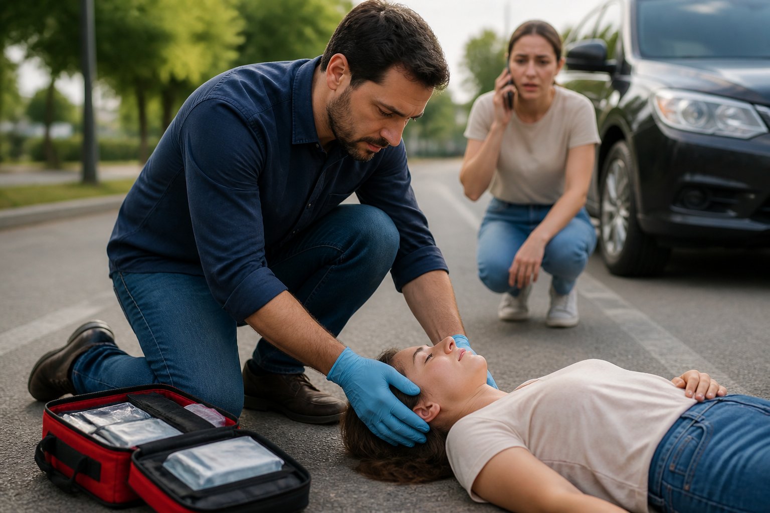 A medical professional gives first aid to an injured person while a bystander calls emergency services.