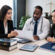 A lawyer, physician, and healthcare administrator discuss documents in a modern office.