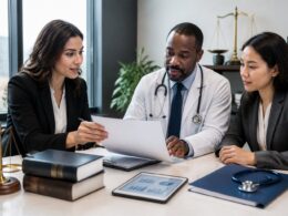 A lawyer, physician, and healthcare administrator discuss documents in a modern office.