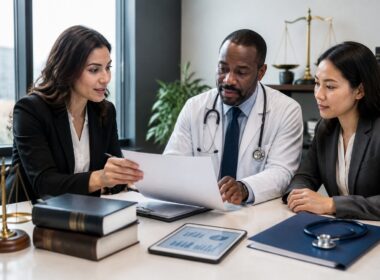 A lawyer, physician, and healthcare administrator discuss documents in a modern office.