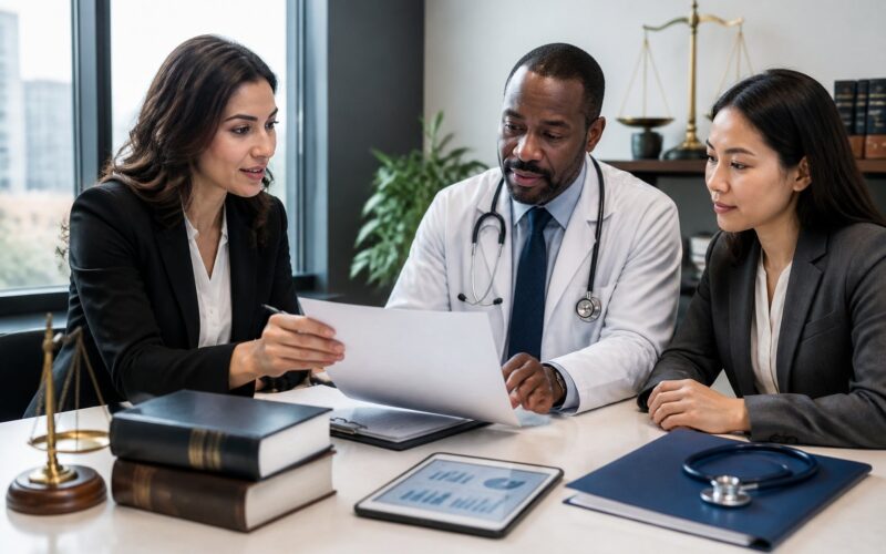 A lawyer, physician, and healthcare administrator discuss documents in a modern office.