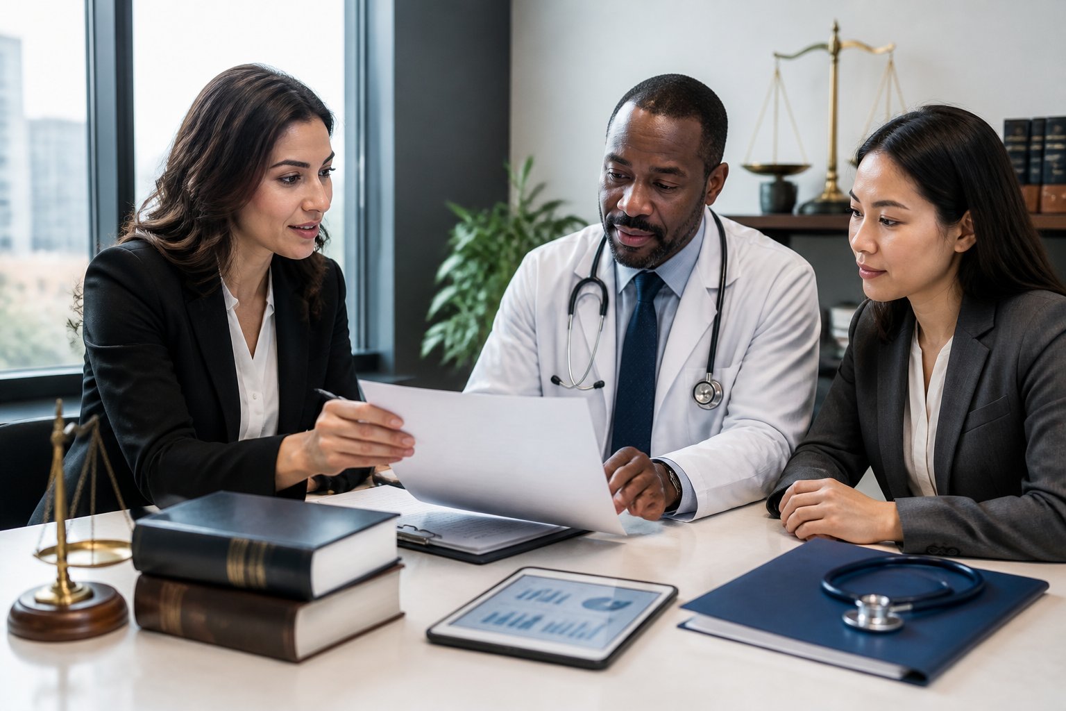 A lawyer, physician, and healthcare administrator discuss documents in a modern office.