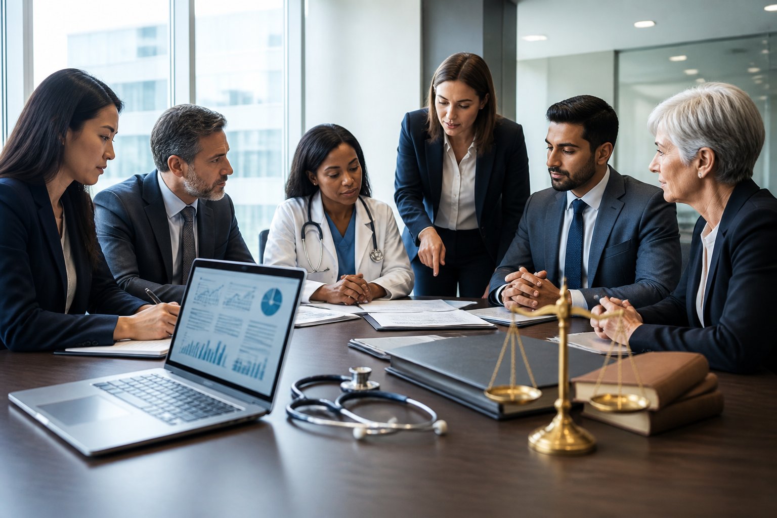 A diverse team of medical and legal professionals discusses healthcare regulations in a modern hospital meeting room.