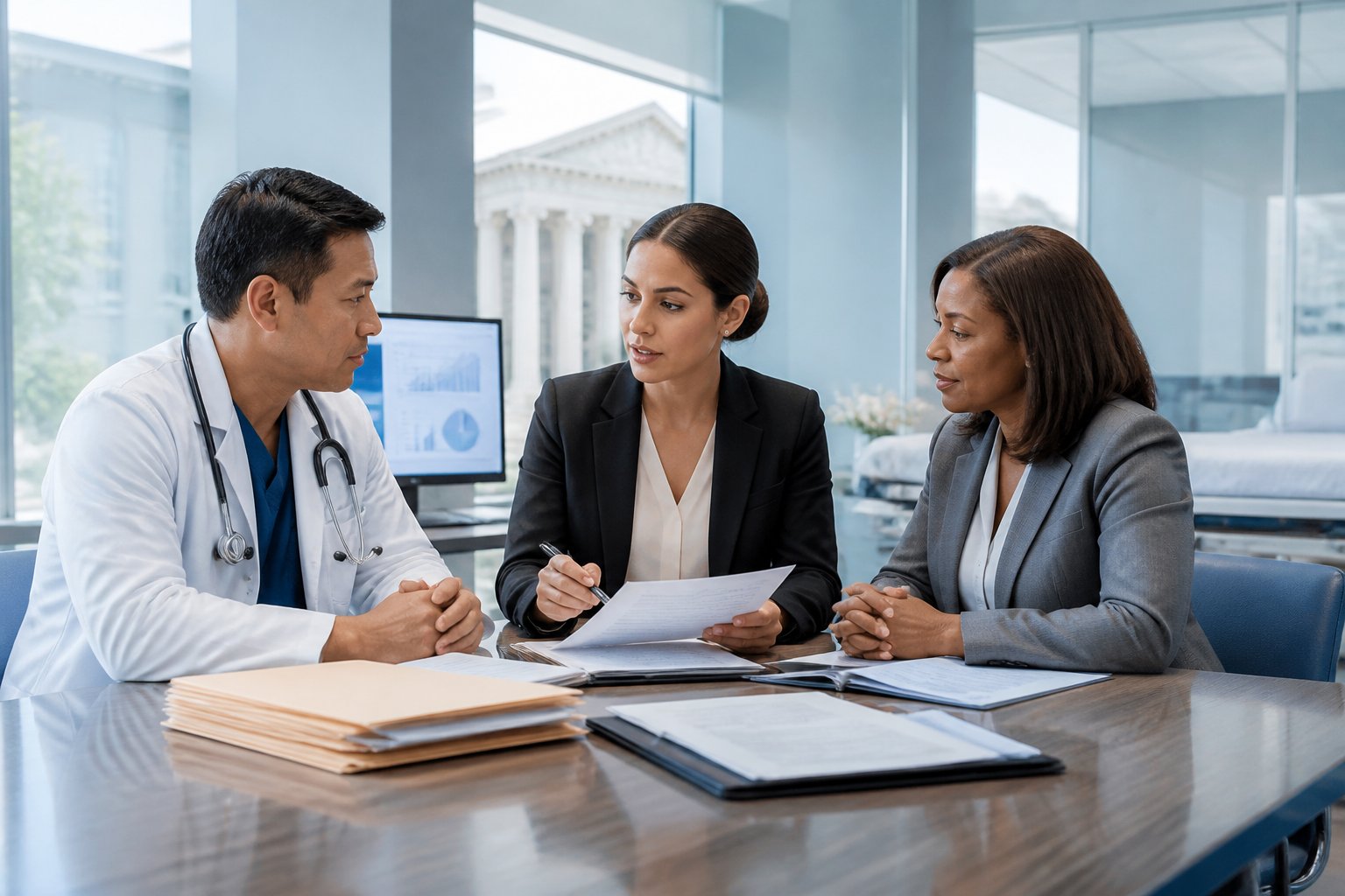 A medical lawyer discusses documents with a physician and hospital administrator in a modern hospital meeting room.