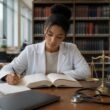 A medical student studies law and ethics materials at a library desk beside a stethoscope and scales of justice.
