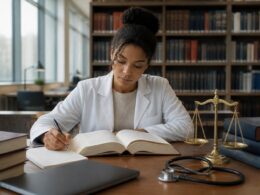 A medical student studies law and ethics materials at a library desk beside a stethoscope and scales of justice.