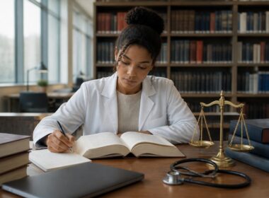 A medical student studies law and ethics materials at a library desk beside a stethoscope and scales of justice.