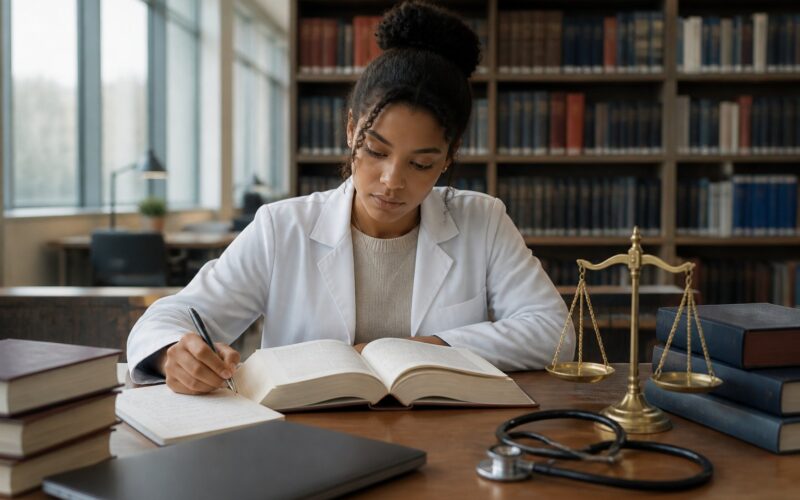 A medical student studies law and ethics materials at a library desk beside a stethoscope and scales of justice.