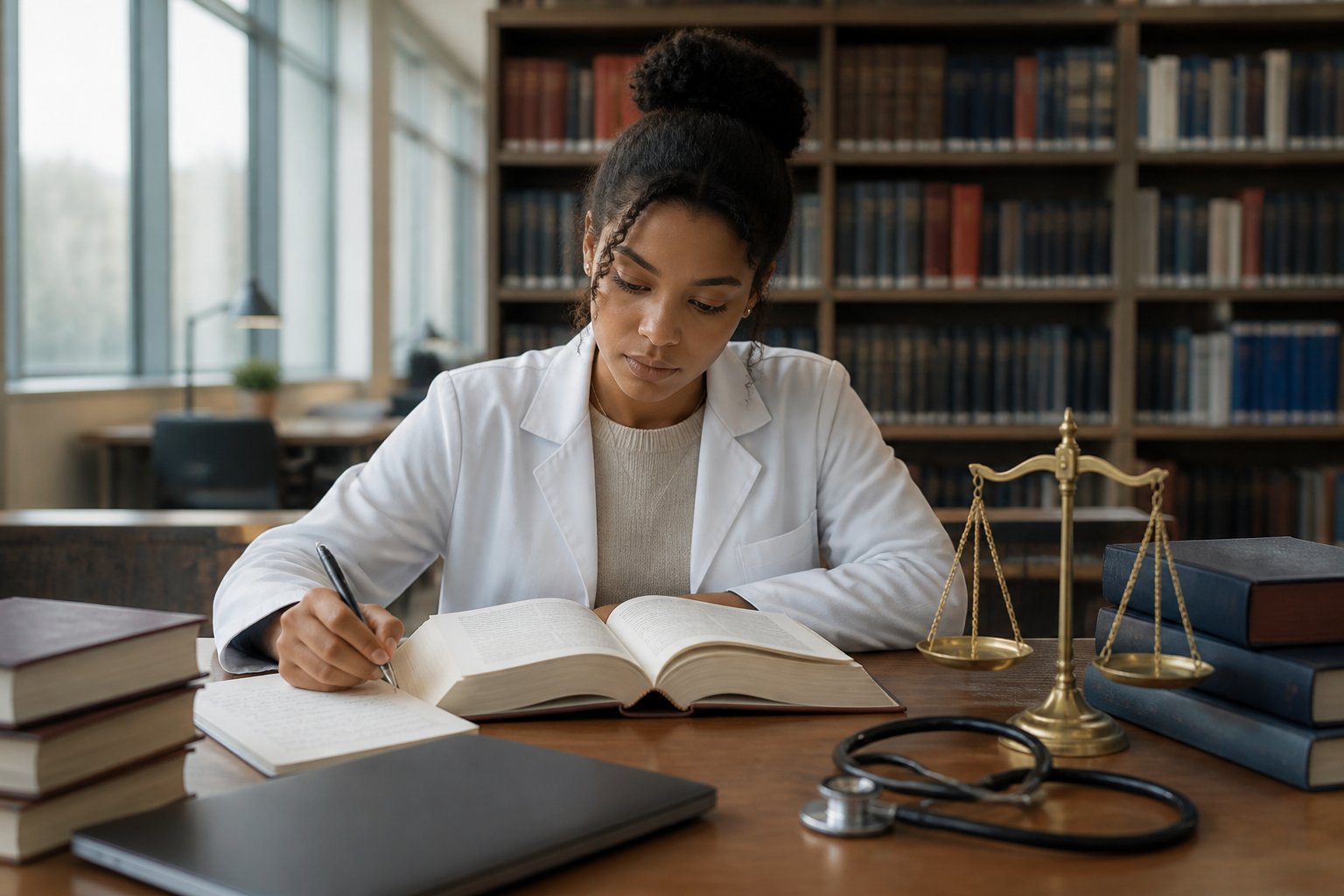 A medical student studies law and ethics materials at a library desk beside a stethoscope and scales of justice.