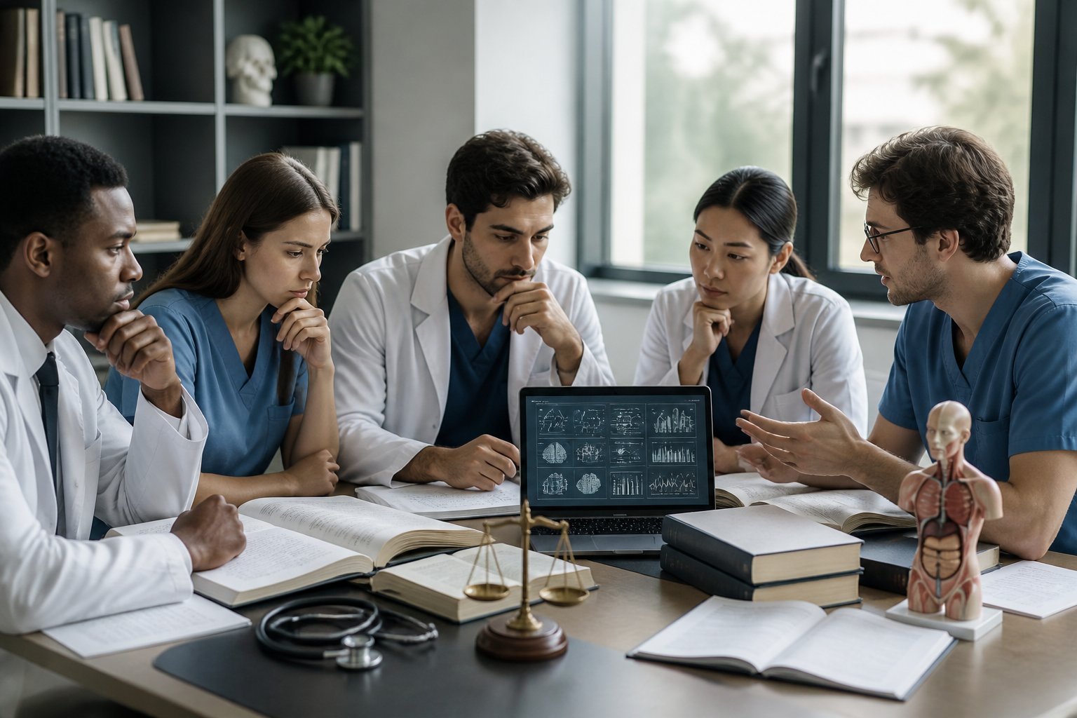 Healthcare students study medical law and ethics materials together in a university seminar room.