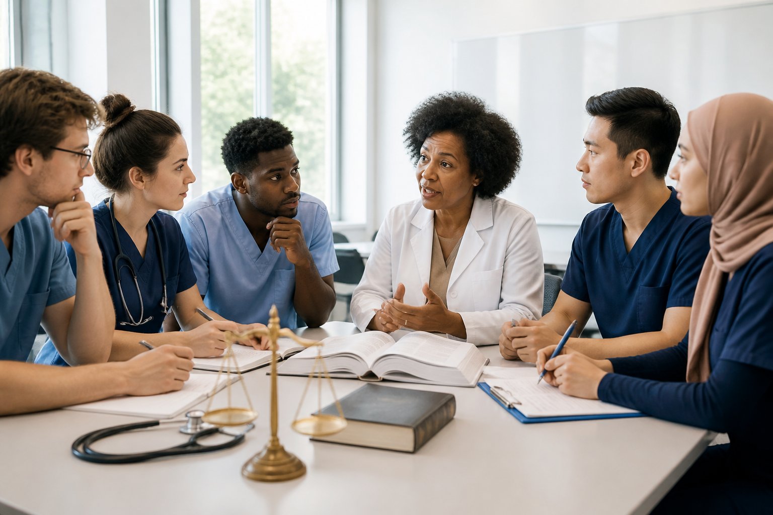 Students discuss medical law and ethics with a professor in a modern classroom.