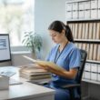 A medical records administrator organizes patient files in a secure healthcare archive.