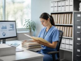 A medical records administrator organizes patient files in a secure healthcare archive.