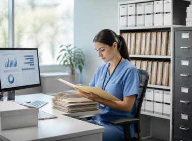 A medical records administrator organizes patient files in a secure healthcare archive.