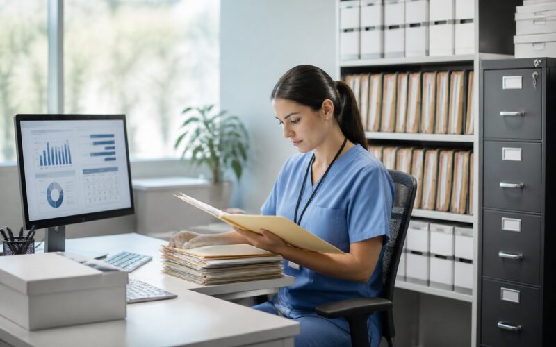 A medical records administrator organizes patient files in a secure healthcare archive.
