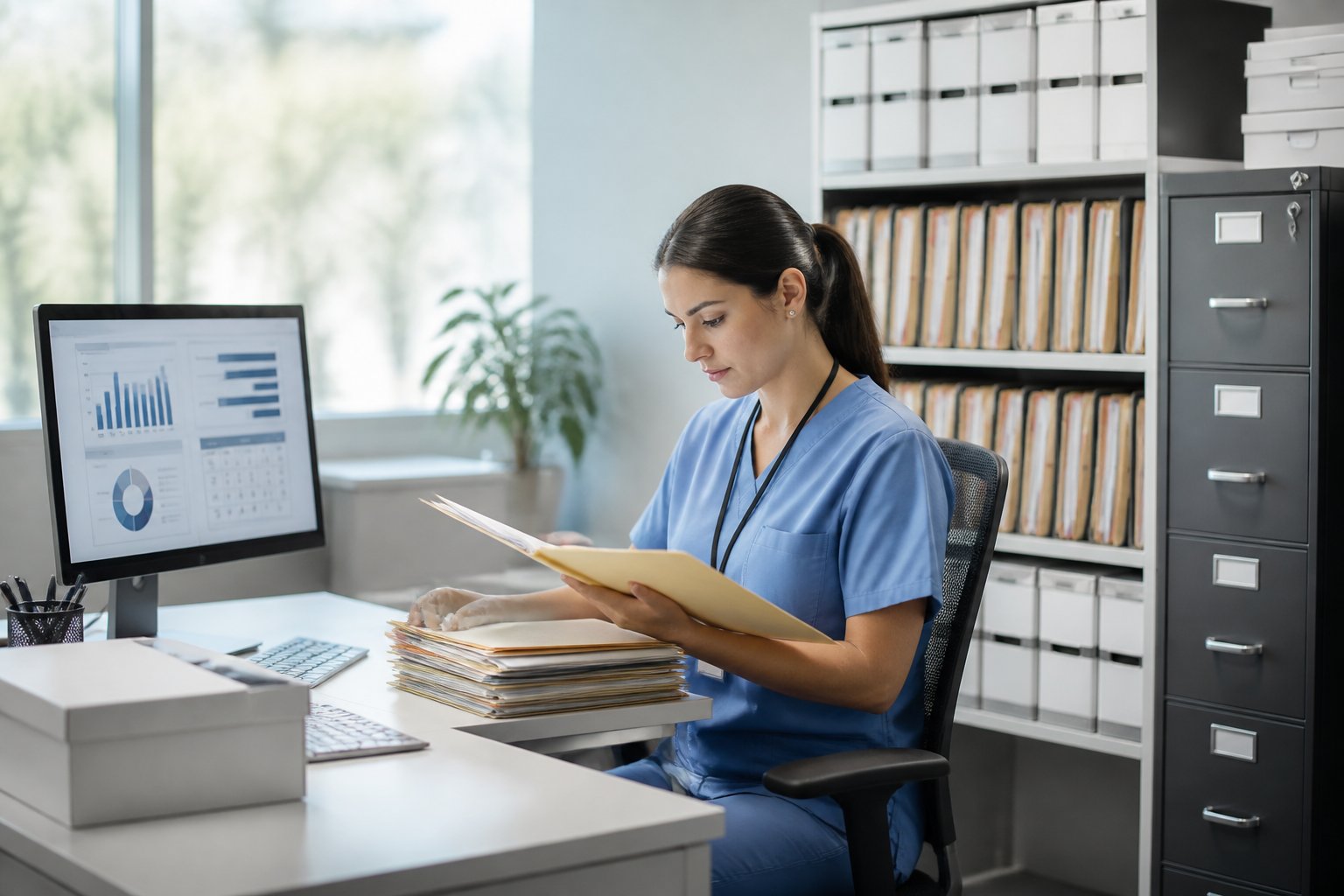 A medical records administrator organizes patient files in a secure healthcare archive.