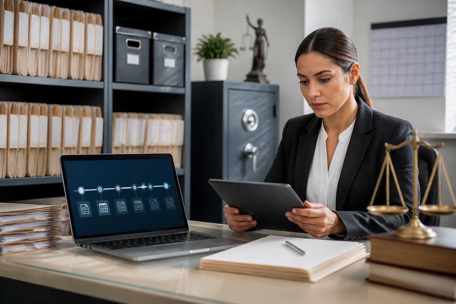 A healthcare compliance professional reviews organized medical records beside a secure archive, laptop, calendar, and legal symbols.