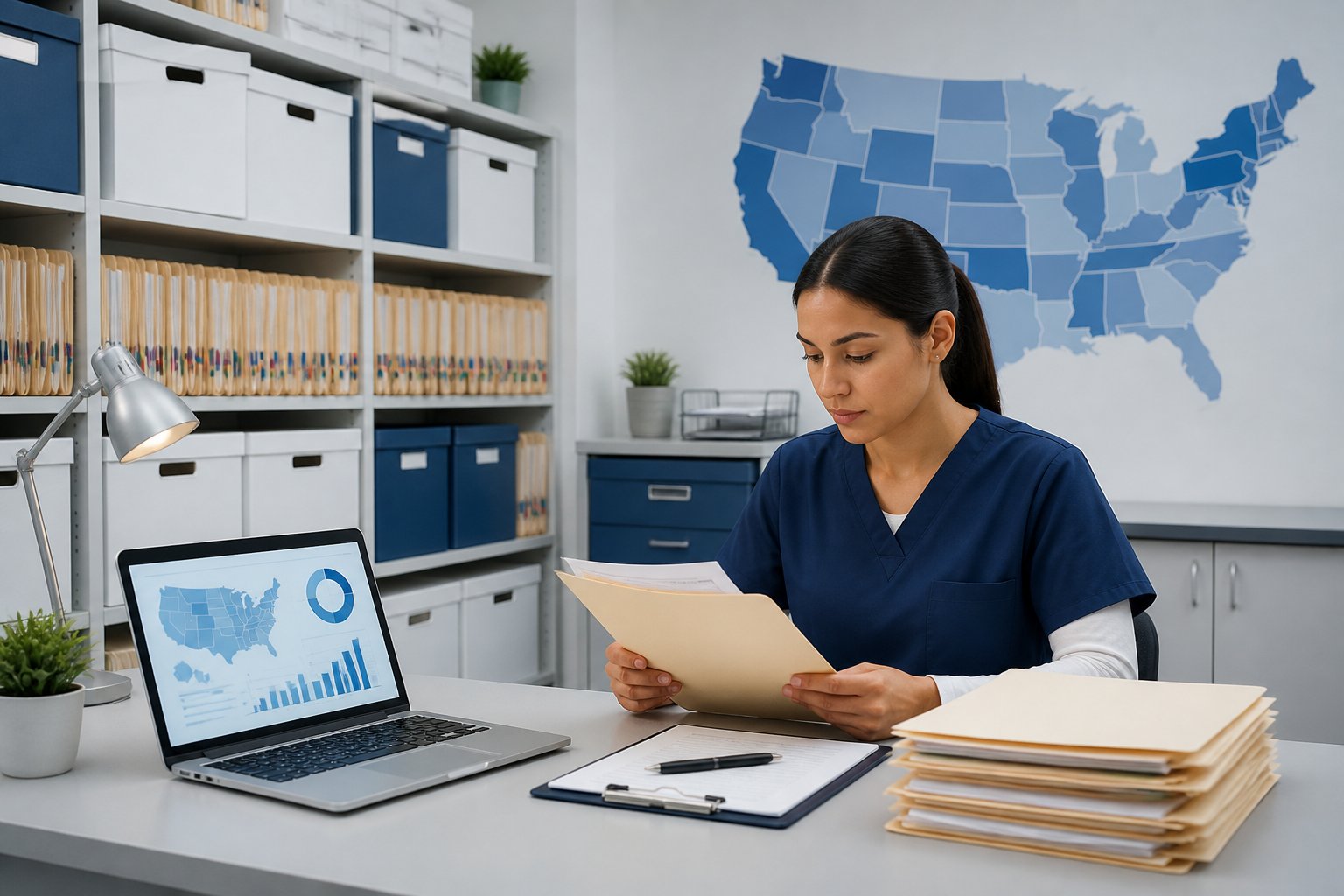 A healthcare compliance professional organizes medical records beside a map of the United States.