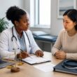 A doctor and patient review medical documents in a hospital consultation room with legal and compliance symbols nearby.