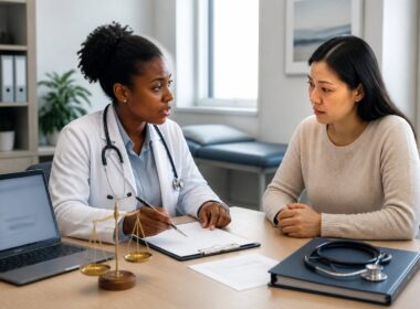 A doctor and patient review medical documents in a hospital consultation room with legal and compliance symbols nearby.