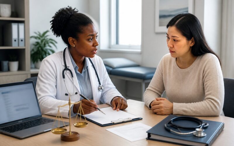 A doctor and patient review medical documents in a hospital consultation room with legal and compliance symbols nearby.